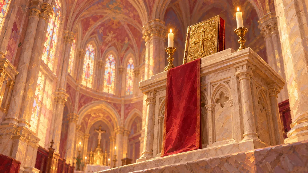 Livro dos Evangelhos dourado sobre o altar, velas e abóbada ao fundo.