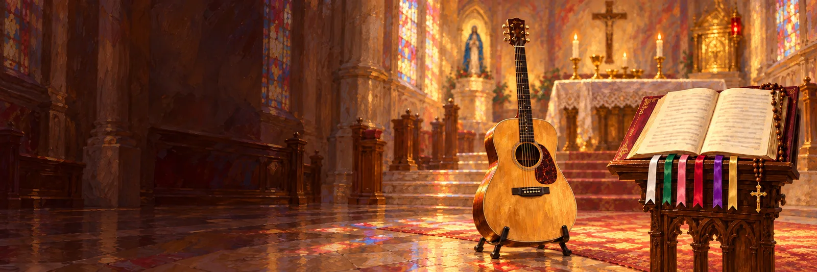 Interior de igreja com um violão no suporte e, ao lado, a estante com o livro aberto e seis fitas marcadoras.
