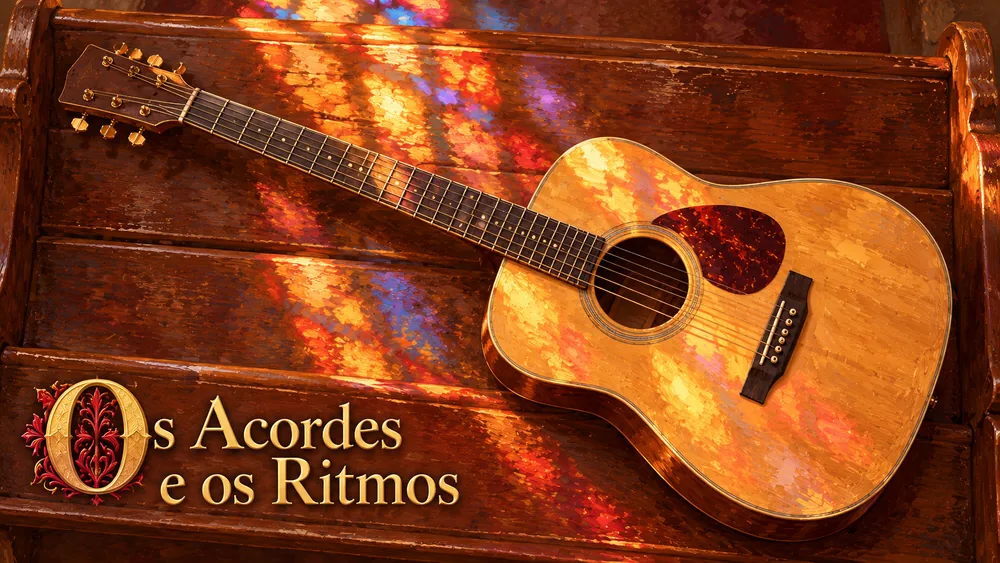 Capa do módulo Os Acordes e os Ritmos: violão no banco da igreja com luz de vitral.