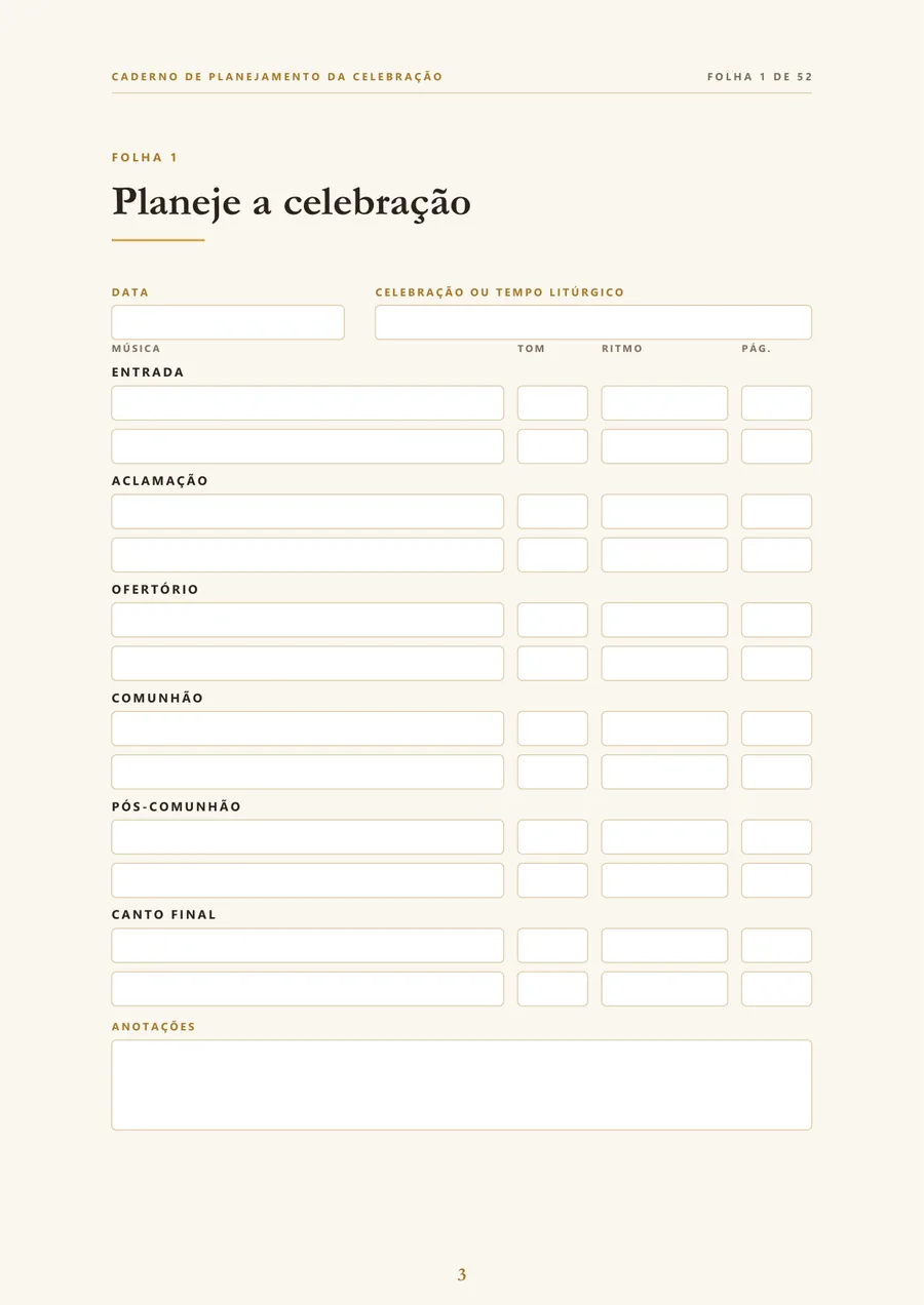 Folha do Caderno de Planejamento da Celebração, com campos para o tom, o ritmo e a página dos 6 momentos.