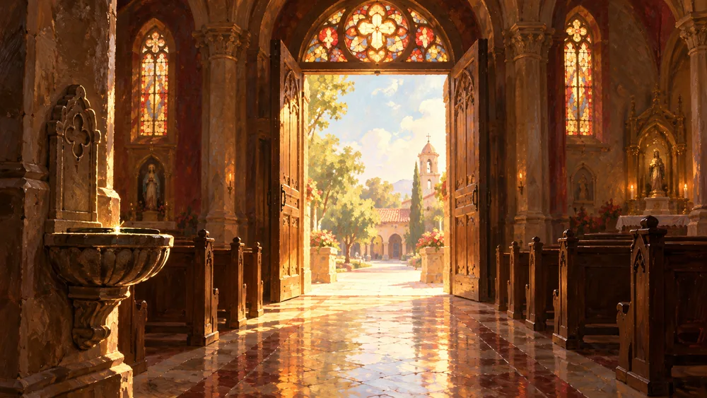 Porta da igreja aberta para a praça, pia de água benta e bancos.