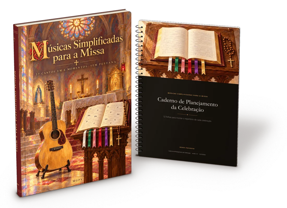 E-book Músicas Simplificadas para a Missa e Caderno de Planejamento da Celebração lado a lado.