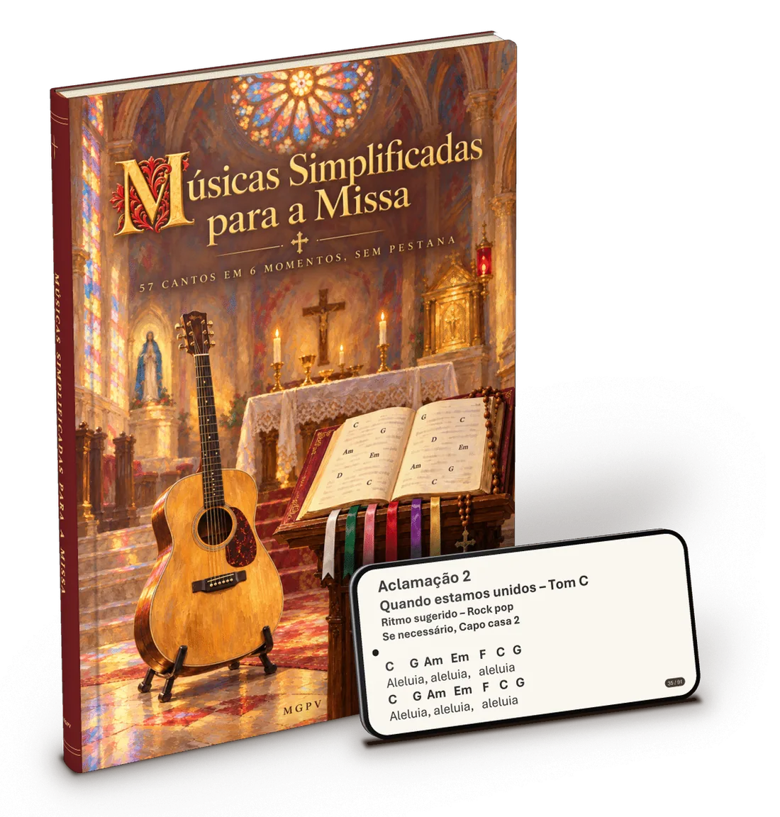 E-book Músicas Simplificadas para a Missa ao lado de um celular mostrando a página de um canto.