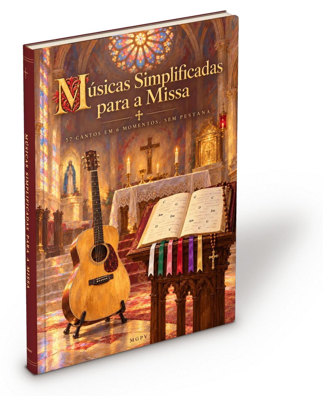 E-book Músicas Simplificadas para a Missa: livro em pé com lombada vinho e seis fitas marcadoras coloridas.
