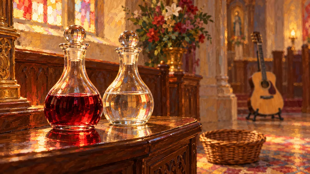 Galhetas de vinho e água, flores e cesto de ofertas sobre o altar.