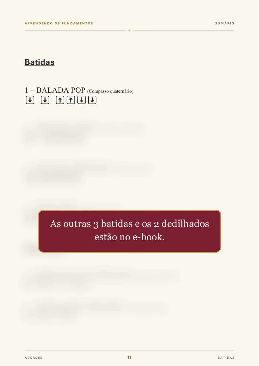 Amostra da página 11 do e-book: a primeira batida, Balada pop; as outras 3 batidas e os 2 dedilhados ficam encobertos.