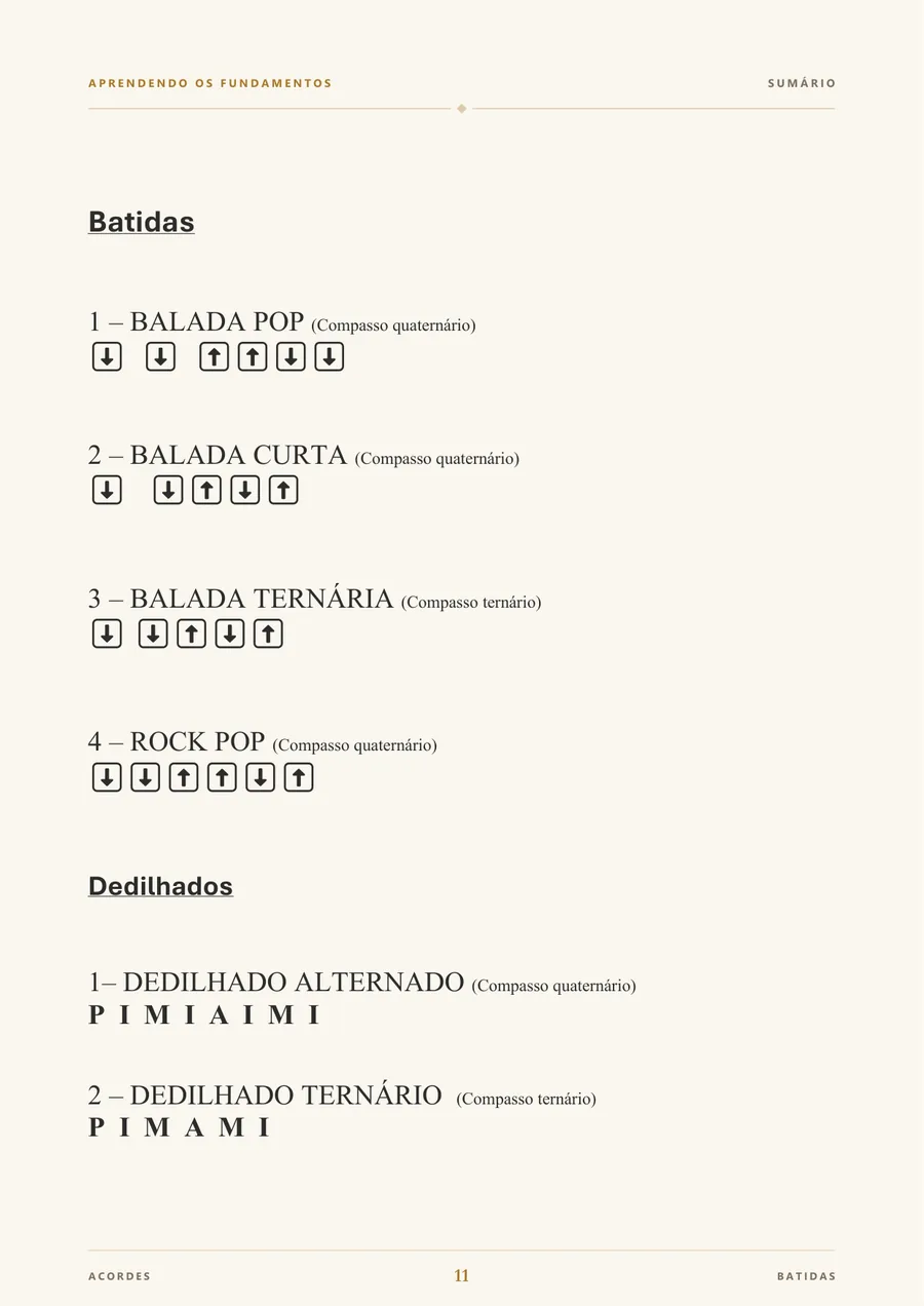 Página 11 do e-book: as 4 batidas e os 2 dedilhados do repertório, com setas e letras P I M A.