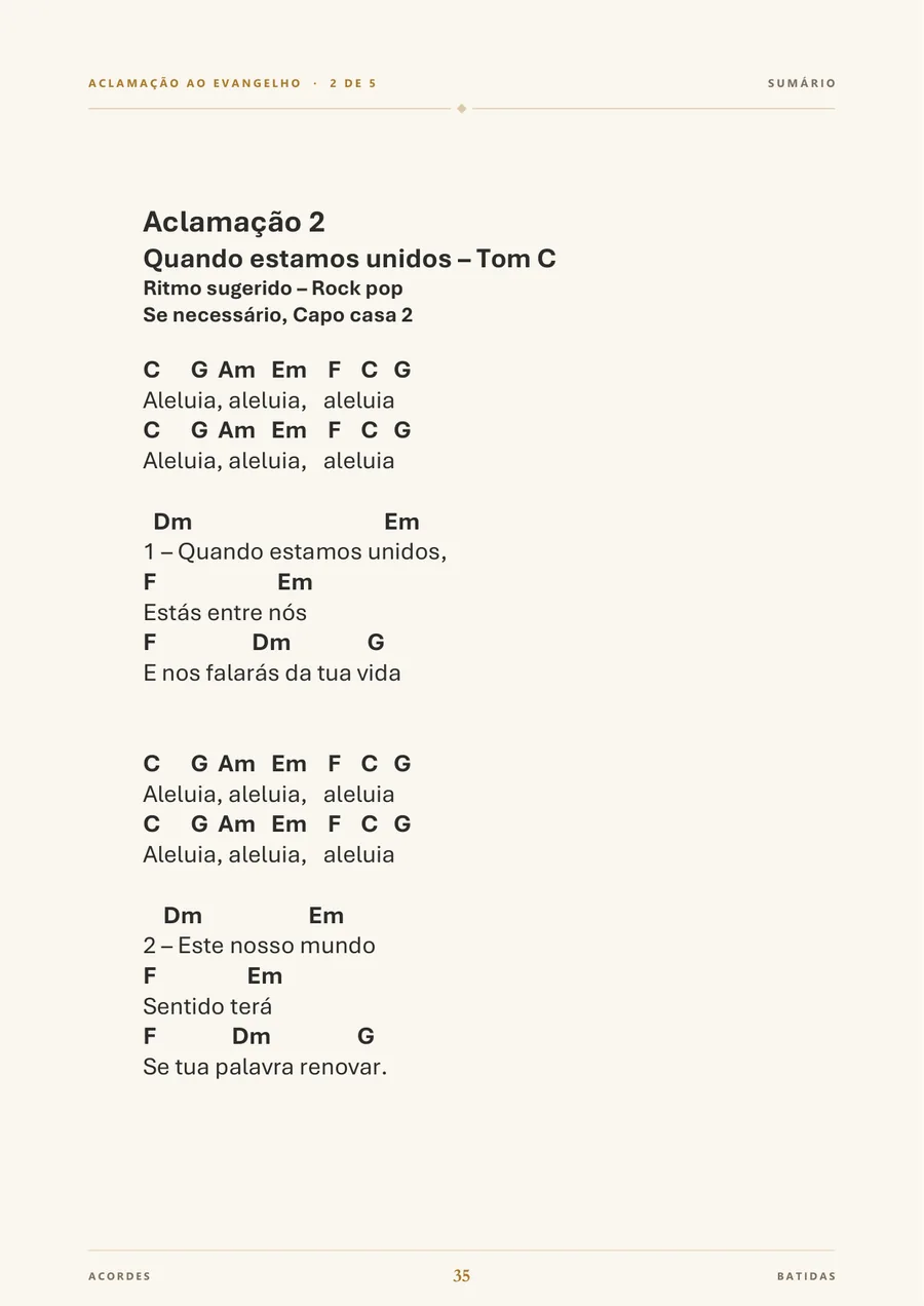 Página do e-book: canto de Aclamação com momento, tom e ritmo indicados.