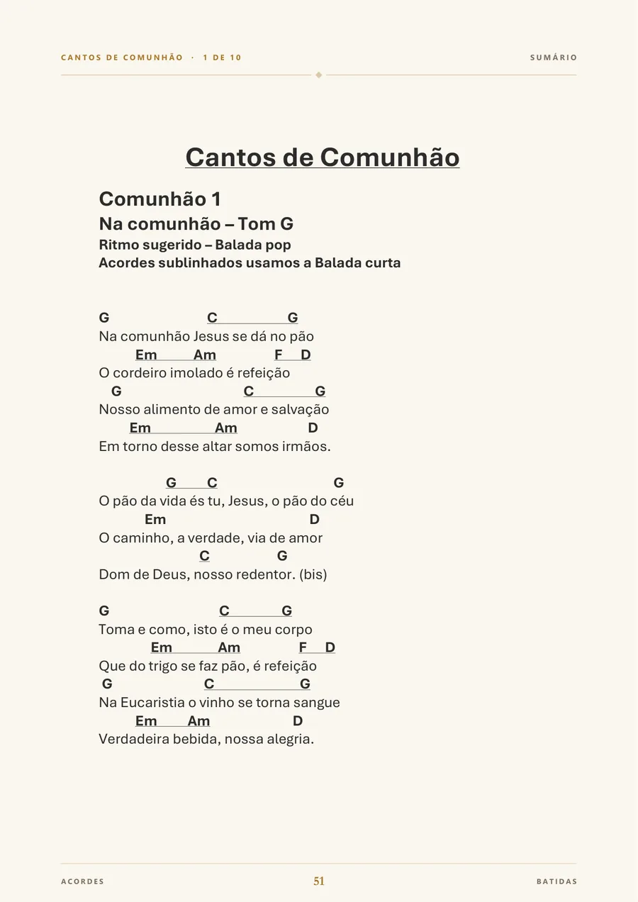 Página do e-book: canto de Comunhão com momento, tom e ritmo indicados.