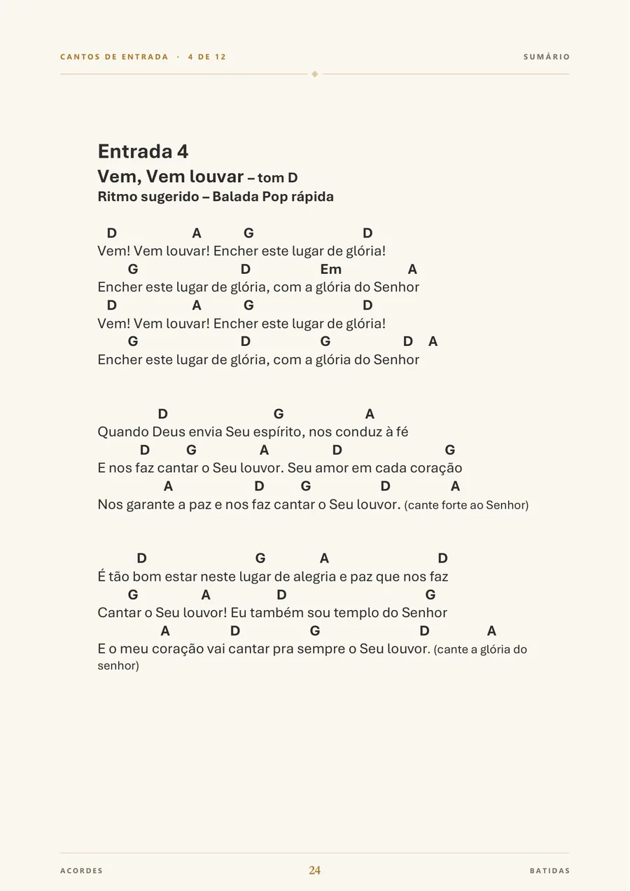 Página do e-book: canto de Entrada com momento, tom e ritmo indicados.