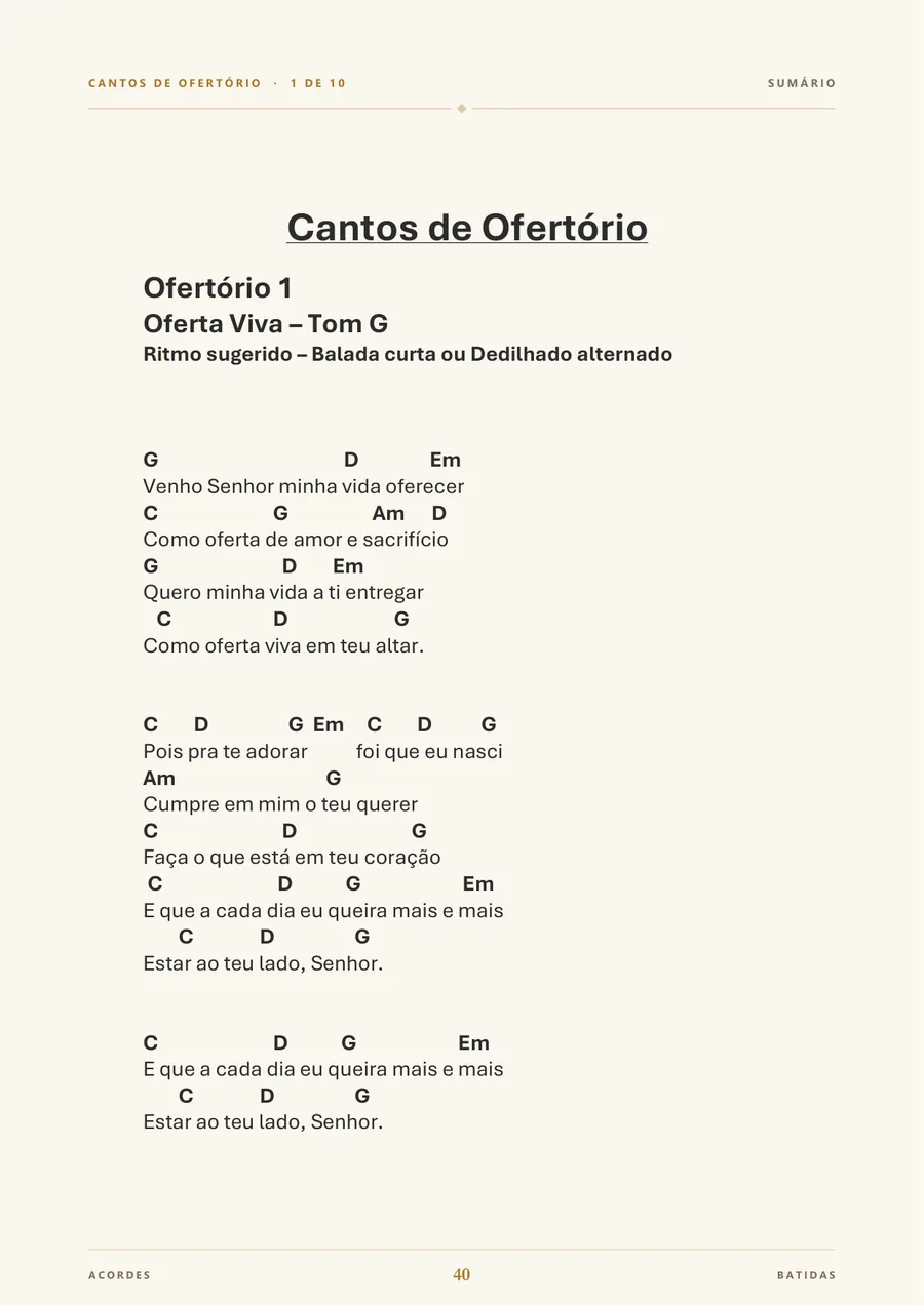 Página do e-book: canto de Ofertório com momento, tom e ritmo indicados.
