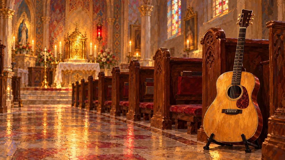 Violão encostado no banco da igreja, nave ao fundo com altar e sacrário.
